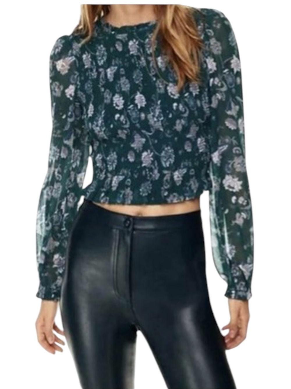 Aritzia Wilfred Tempest Blouse Smocked Chiffon Dark Emerald Print Size Medium